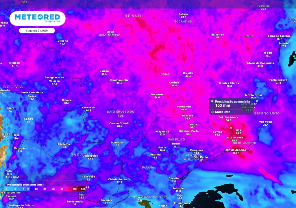 Previsão de acumulados totais de chuva até o final do próximo domingo.