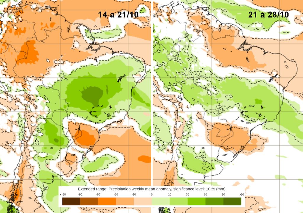 Previsão de anomalia de chuva do modelo ECMWF para as próximas duas semanas de Outubro.