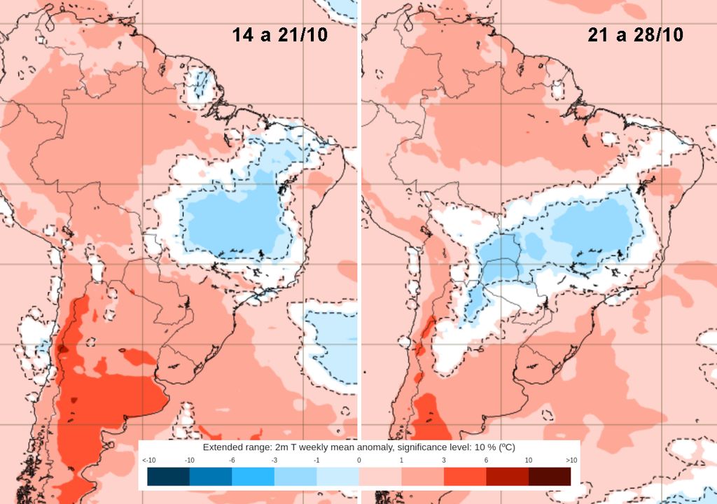 Previsão de anomalia de temperatura do modelo ECMWF para as próximas duas semanas de Outubro.