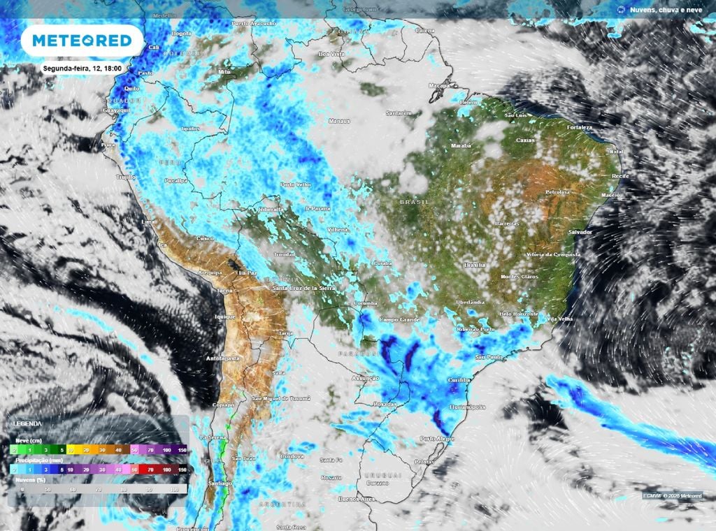 Previsão de chuva (mm) para o dia 12 de outubro, às 18h, segundo o modelo europeu ECMWF.