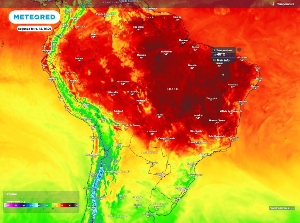 Previsão da temperatura máxima do ar (°C) para segunda-feira, dia 12 de outubro.