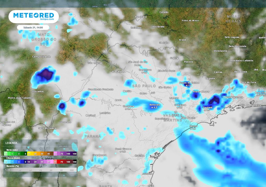 Previsão de Nebulosidade e Precipitação no sábado durante a tarde.