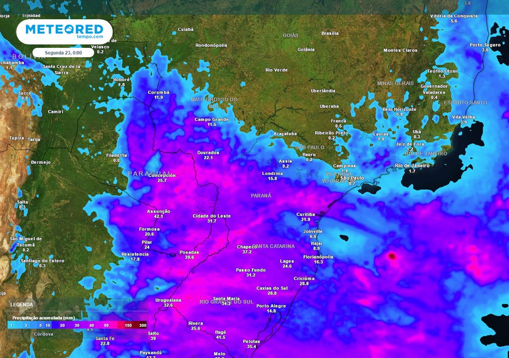 Previsão de acumulados totais de chuva até o final do domingo.