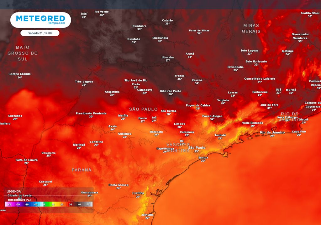 Previsão de temperaturas máximas no sábado durante a tarde.