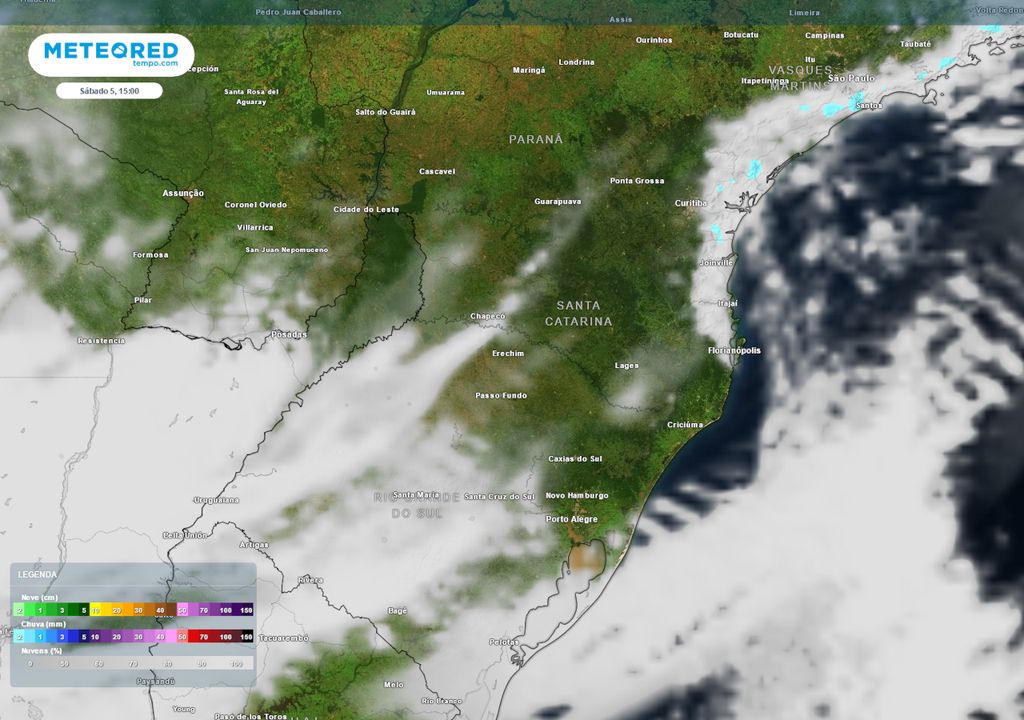 Previsão de nebulosidade e chuva para o sábado durante a tarde.
