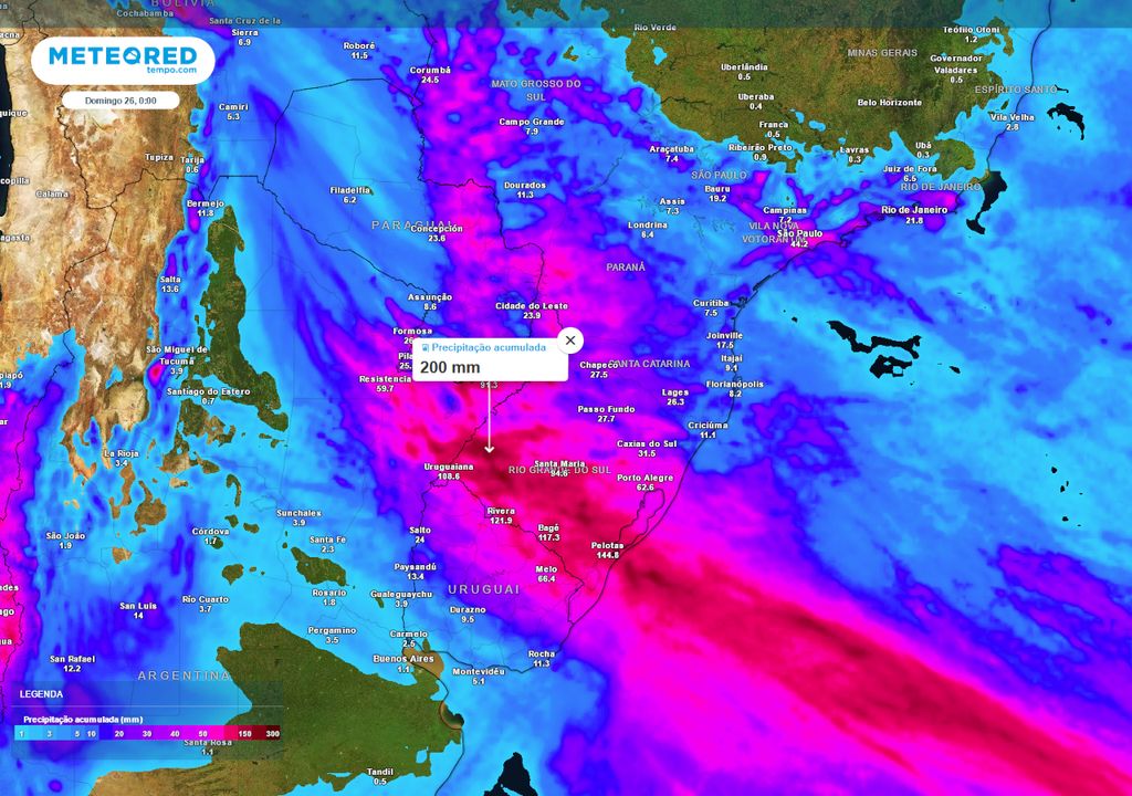 Acumulados totais de chuva previstos até o domingo (26).