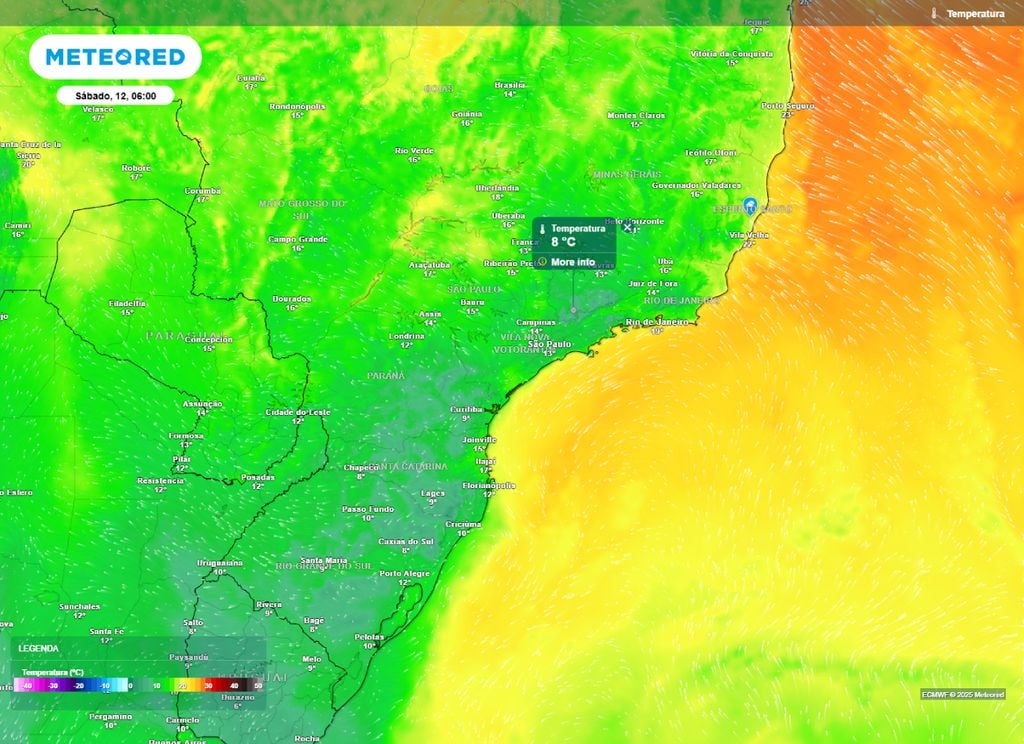 Temperatura mínima prevista para a manhã de sábado (12). Temperatura mínima prevista para a manhã de sábado (12).