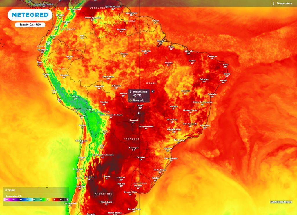 Previsão de temperatura máxima para a tarde de sábado (21),segundo o modelo ECMWF.