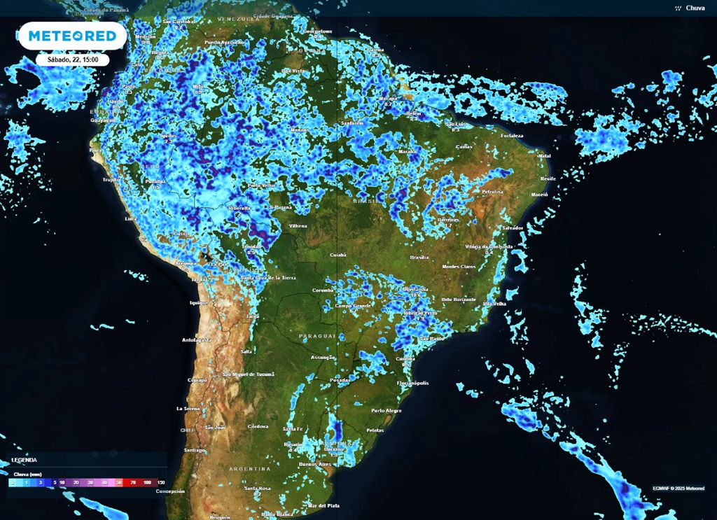 Previsão de precipitação para a tarde de sábado (22), segundo o modelo ECMWF.