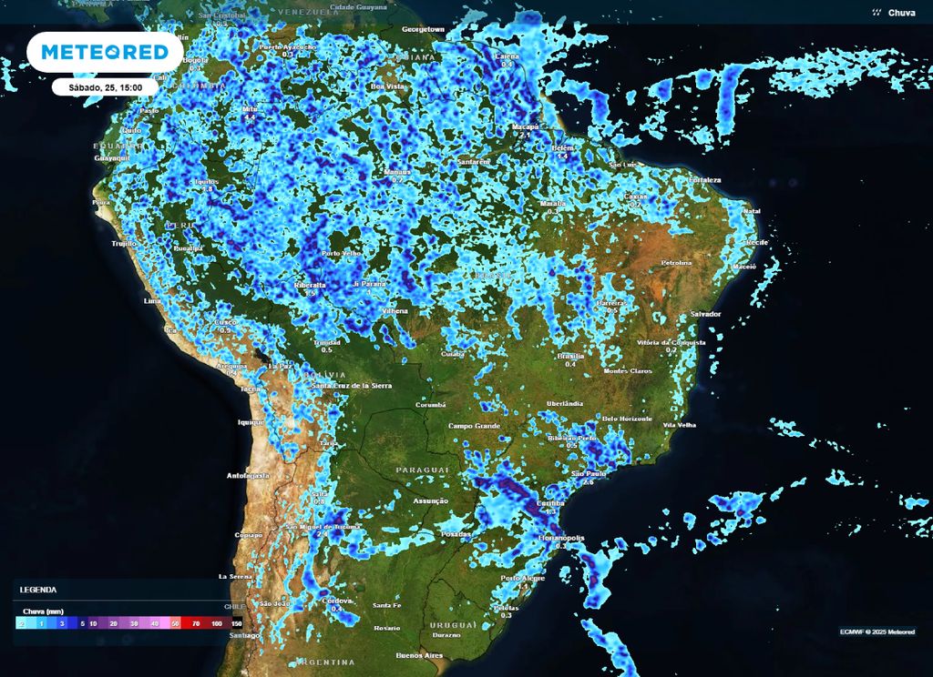 Previsão de precipitação para a tarde de sábado (25), segundo o modelo ECMWF.