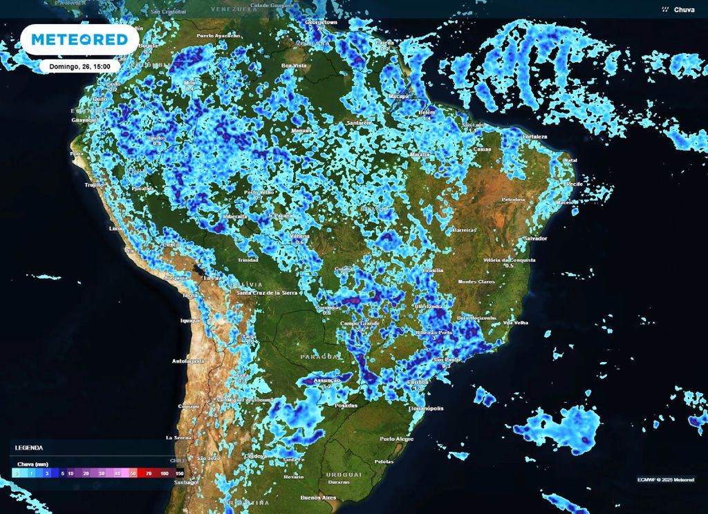 Previsão de precipitação para a tarde de domingo (26), segundo o modelo ECMWF.