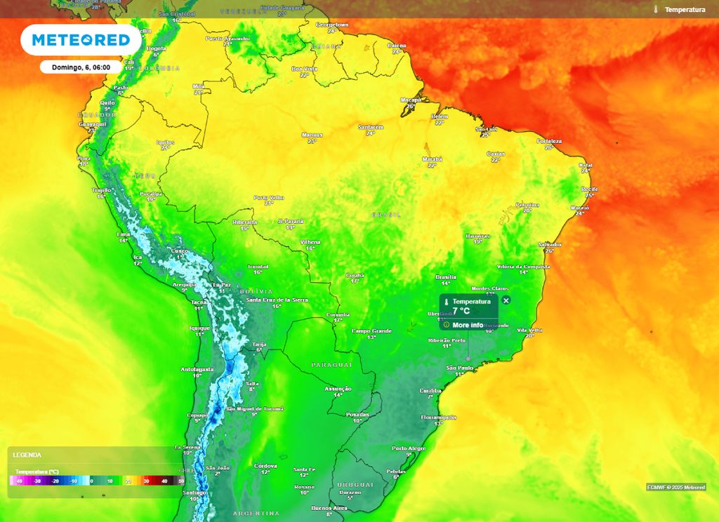 Temperatura mínima prevista para o Brasil na manhã de domingo (6). Temperatura mínima prevista para o Brasil na manhã de domingo (6).