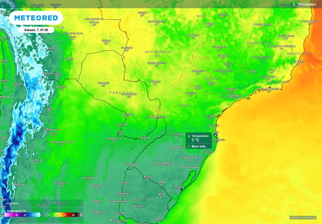 Previsão de temperatura mínima sábado (7), de acordo com o ECMWF.