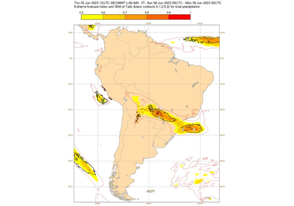 Índice de previsão extrema do ECMWF para a precipitação entre domingo (8) e segunda (9) alerta para volumes de incomuns a extremos sobre o Brasil. Créditos: ECMWF.
