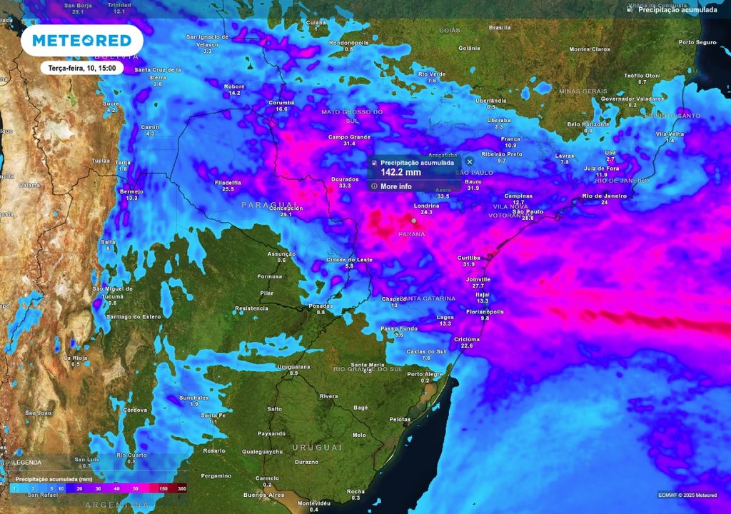 Previsão de chuva acumulada entre sexta (6) e segunda-feira (9), de acordo com o ECMWF.