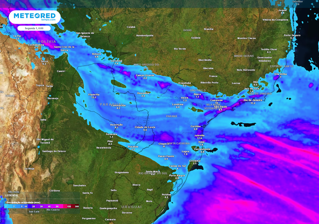 Previsão de chuva total acumulada até a segunda-feira.