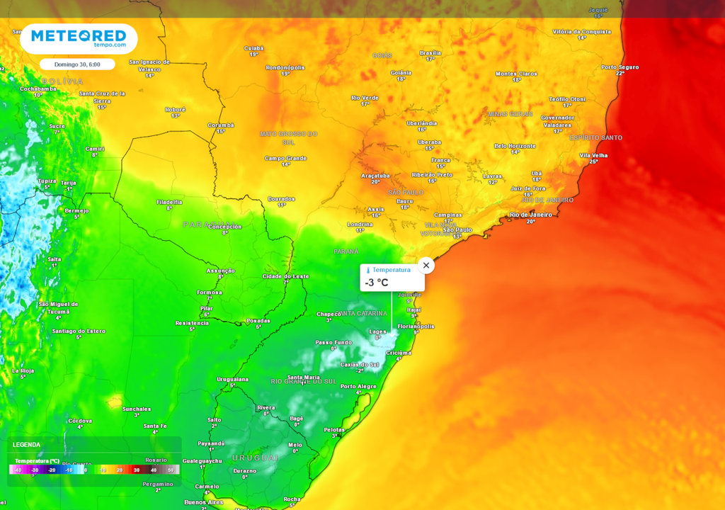 Previsão de temperaturas mínimas no domingo durante a madrugada.