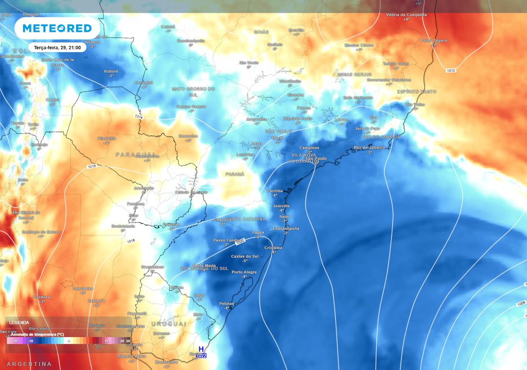 Previsão de anomalia de temperaturas em 850 hPa na terça-feira. Previsão de anomalia de temperaturas em 850 hPa na terça-feira.