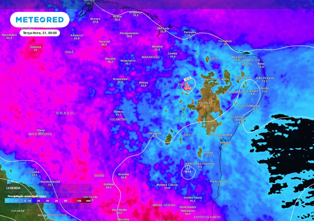 Previsão de acumulados totais de chuva até o final da próxima segunda-feira.