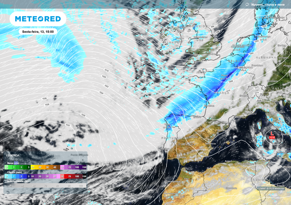 Uma frente fria atlântica aproxima-se pelo noroeste na sexta-feira, trazendo chuva ao litoral norte e centro.