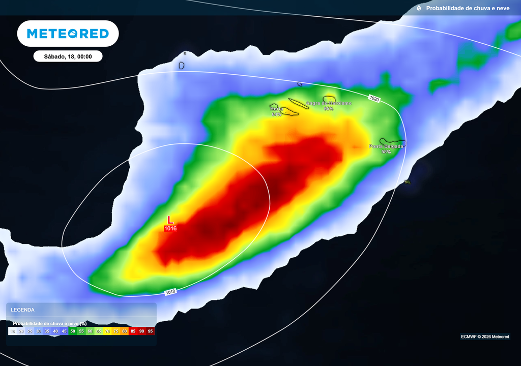 Uma depressão irá afetar o arquipélago dos Açores entre sexta e sábado, resultando na ocorrência de períodos de chuva, por vezes forte, especialmente nos grupos Central e Oriental.