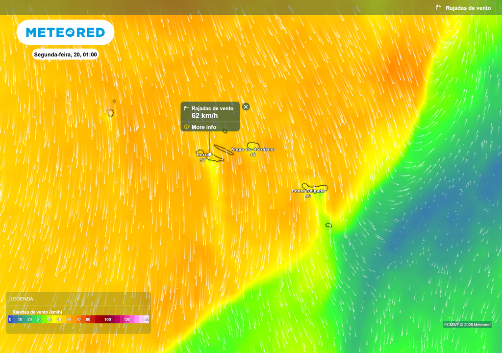 No domingo espera-se uma intensificação do vento, levando algumas ilhas a registarem rajadas na ordem dos 60 km/h.