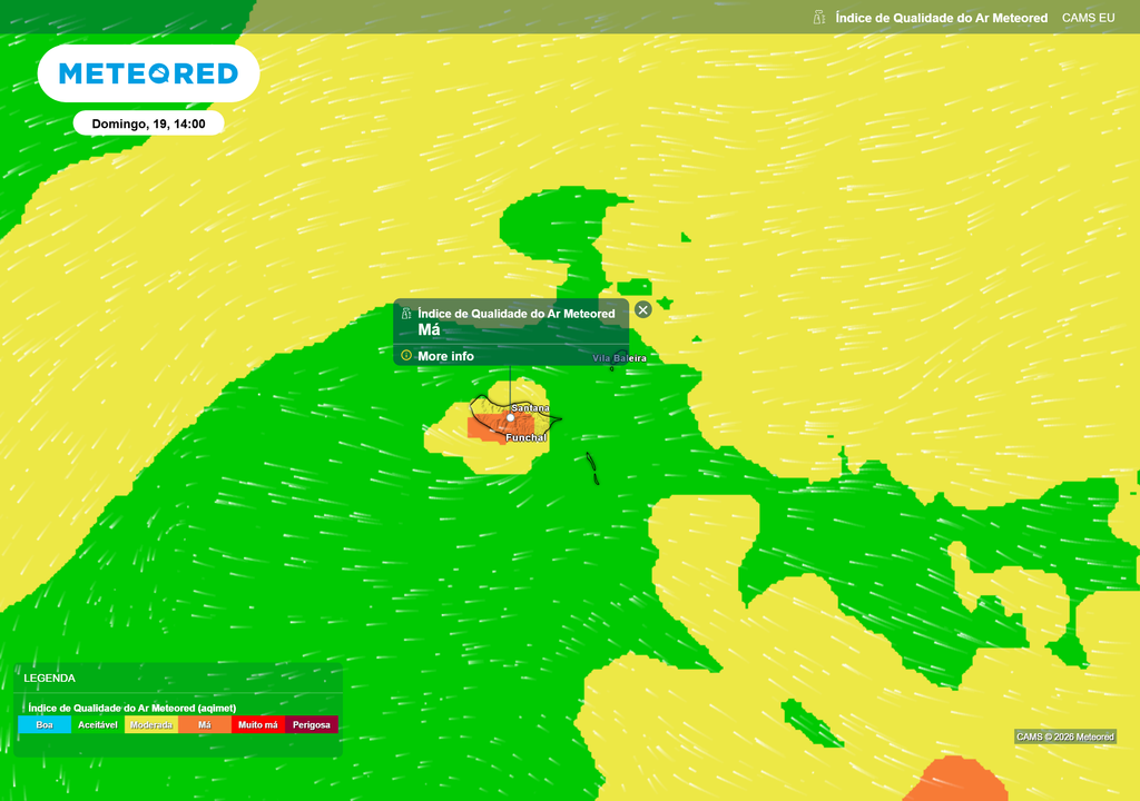 Segundo o nosso índice de qualidade do ar, ao início da tarde de domingo, a ilha da Madeira poderá contar com má qualidade, devido à elevada concentração de poeiras saarianas.