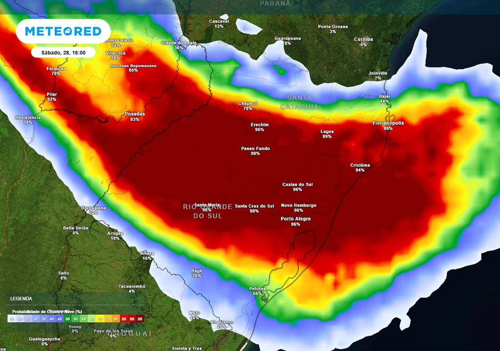 Previsão de probabilidade de chuva no sábado durante a tarde