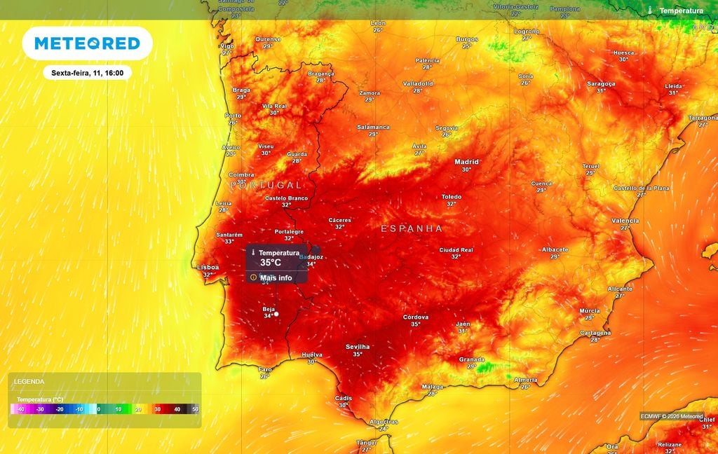 Na sexta-feira (11) já haverá diversas cidades do Centro-Sul do país a registar máximas a rondar 34/35 ºC.