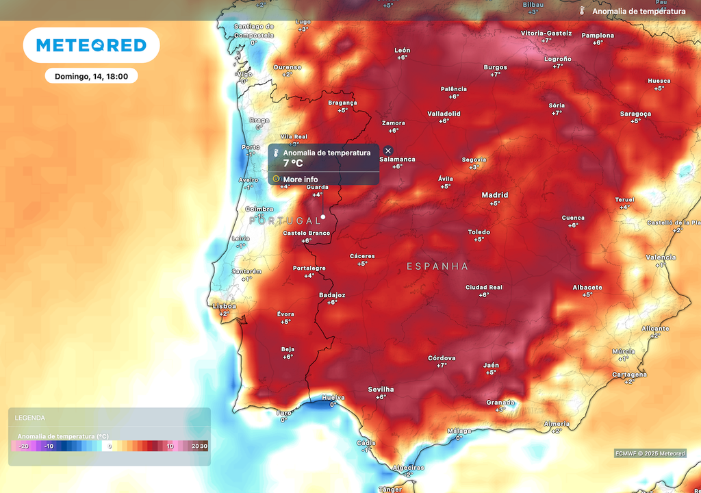 Anomalias positivas estimadas em 7 ºC no Sul do país. Anomalias positivas estimadas em 7 ºC no Sul do país.