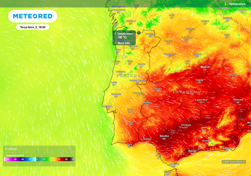 temperatura do ar à superfície Na terça-feira, dia 2 de junho, à exceção do Baixo Alentejo e Algarve, todo o país registará temperaturas contidas, especialmente o Norte e Centro.