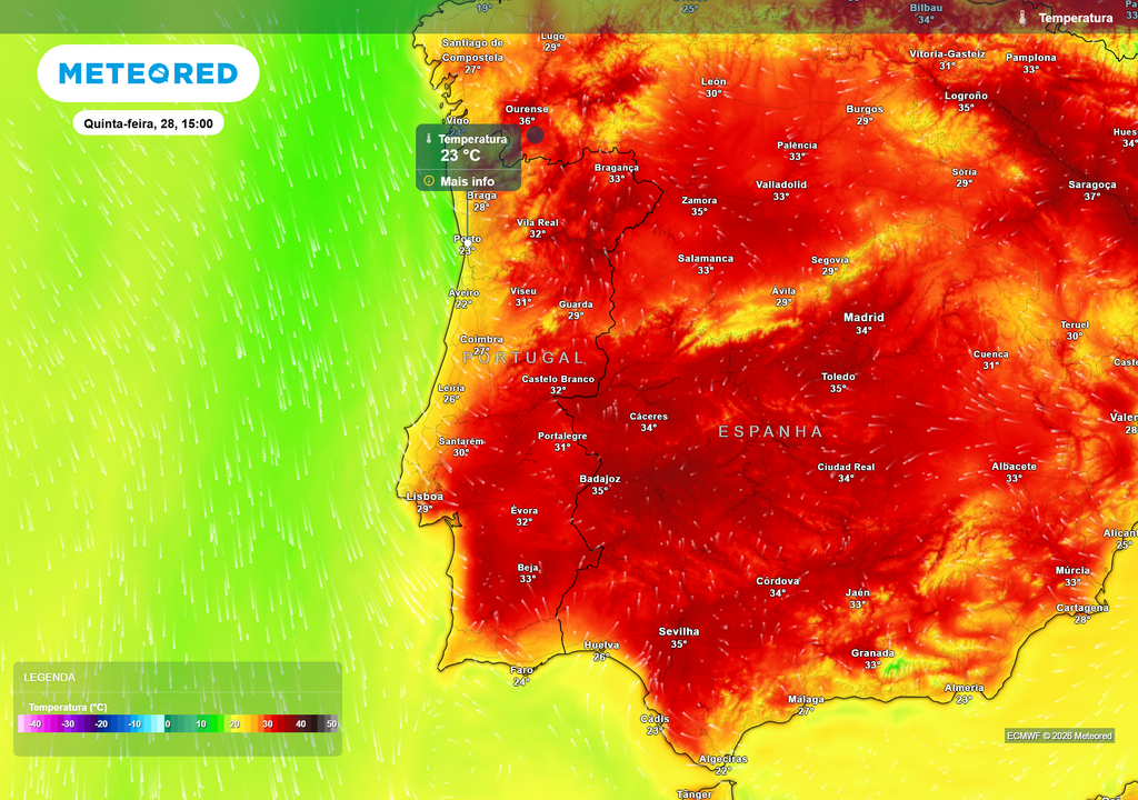 temperatura do ar à superfície A partir de hoje, quinta-feira, o litoral Norte e Centro registará valores mais contidos, em relação aos últimos dias, devido à predominância do fluxo de noroeste.