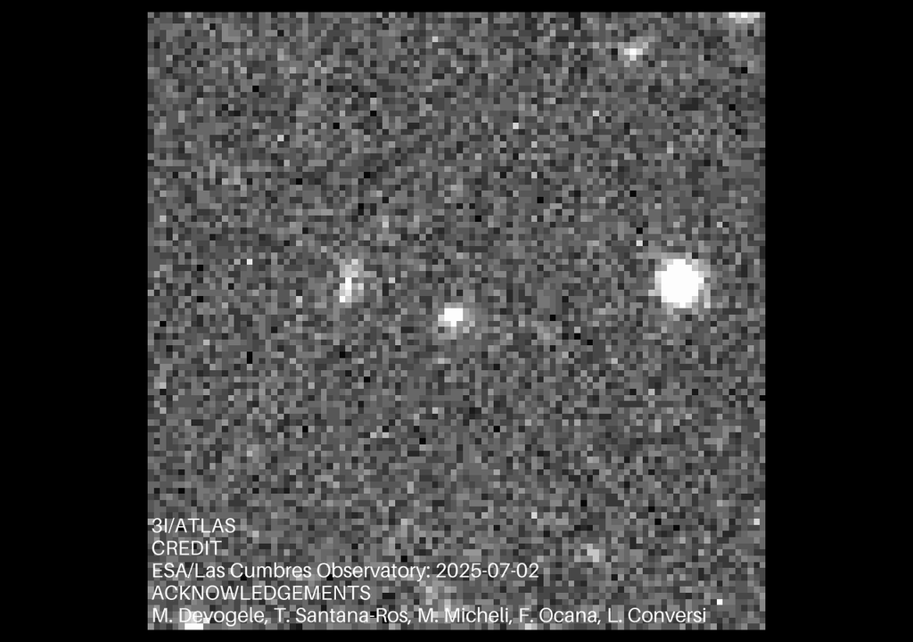 Cometa 3I/ATLAS foi observado pelo telescópio ATLAS e ESA divulgou um vídeo mostrando imagens do cometa. Crédito: ESA Cometa 3I/ATLAS foi observado pelo telescópio ATLAS e ESA divulgou um vídeo mostrando imagens do cometa. Crédito: ESA