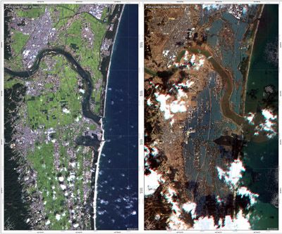 HI-RES JPEG Las imágenes fueron tomadas por los satélites Optical RapidEye y TerraSAR-X, mostrando Torinoumi sobre la costa este de Japón antes, 5 de septiembre de 2010, y después, 12 marzo de 2011, del tsunami. Créditos: RapidEye AG, DLR, Google Earth. Mapa producido por ZKI