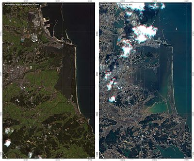 Observando El Nuevo Paisaje De Japón Desde El Espacio Las imágenes muestran una comparación del RapidEye pre-desastre del 5 de septiembre de 2010 y post-desastre del 12 de marzo de 2011, sobre la ciudad de Soma y alrededores, zonas afectadas por el tsunami. Créditos: RapidEye AG, DLR, Google Earth. Mapa producido por ZKI.