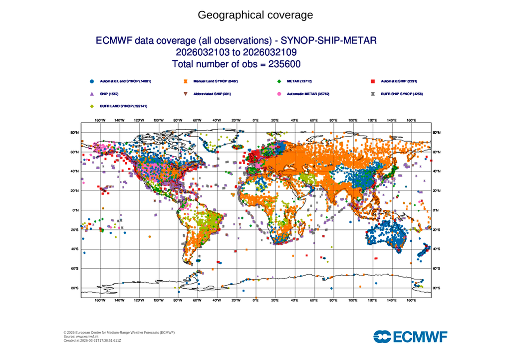 Mapa de la cobertura global de datos procedentes de estaciones meteorológicas, boyas, buques, etc., utilizados para inicializar el modelo del ECMWF. Se observan amplias zonas con escasa cobertura, así como la falta de datos en Irán y otras zonas en conflicto.