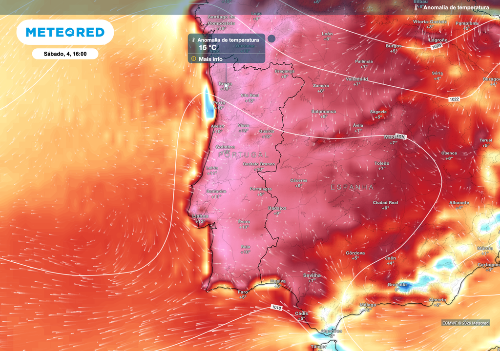 Grande parte de Portugal deverá registar anomalias de temperatura entre 10 e 15 ºC acima da média climatológica, refletindo a persistência da massa de ar muito quente e do bloqueio anticiclónico previsto pelo ECMWF.