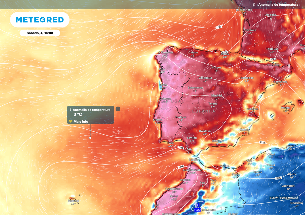 As anomalias positivas da temperatura estendem-se ao Atlântico Nordeste, onde a persistência do bloqueio anticiclónico favorece o aquecimento da superfície do oceano e limita o habitual arrefecimento do ar marítimo.