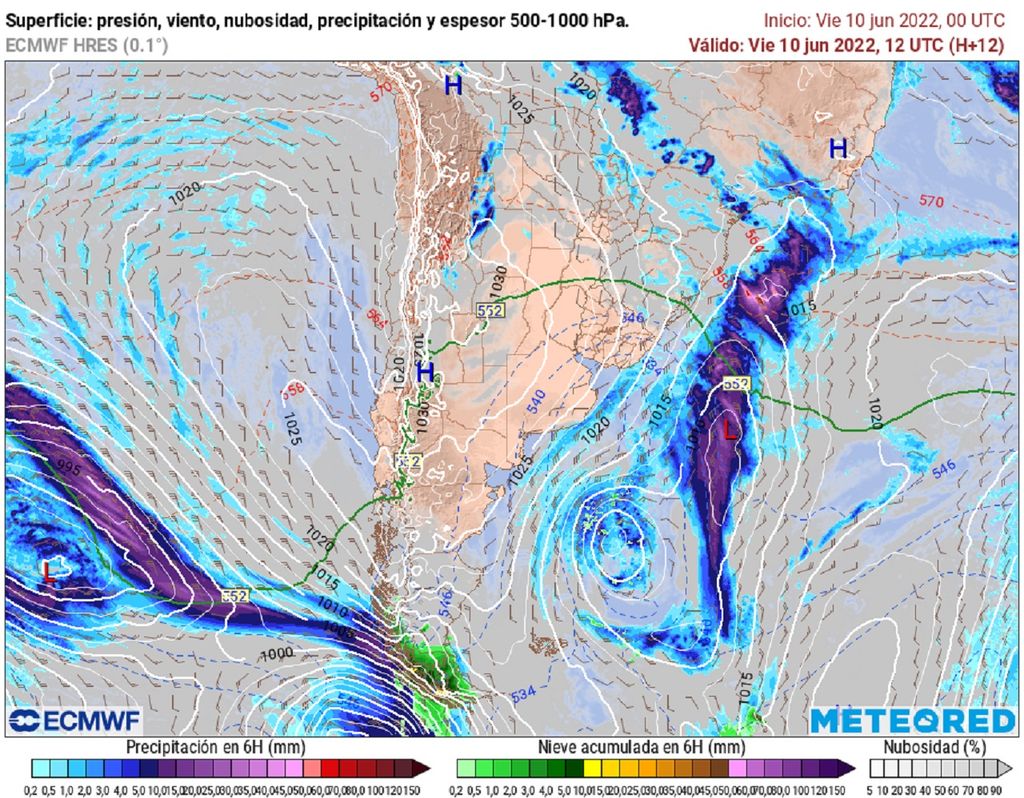 presión y precipitación prevista; modelo ECMWF presión y precipitación prevista; modelo ECMWF