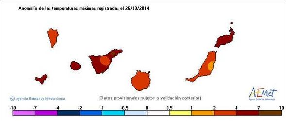Anomalías térmicas de las máximas en España para el día 26. Fuente: AEMET