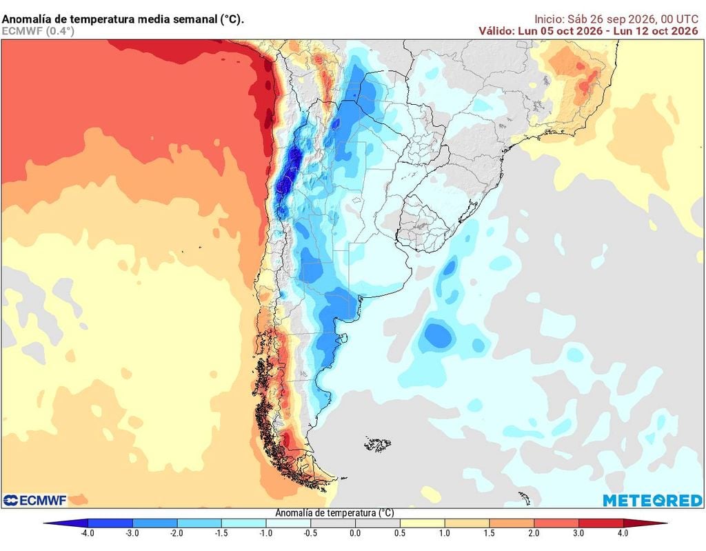 Anomalías de temperatura Modelo ECMWF muestra temperaturas normales para la época durante la primera quincena de octubre en Santiago: algunas zonas tendrían valores más bajos.