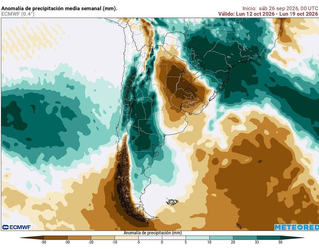 Anomalías de precipitaciones No solo será Santiago: la zona central y parte del norte del país tendrían lluvias sobre los normal a mediados de octubre.