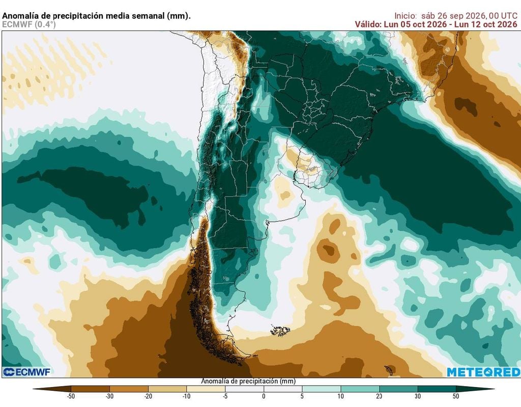 Anomalías de precipitaciones Tendencia lluviosa: entre el 5 y el 12 de octubre podrían caer más de 20 mm sobre la media histórica en zonas de la RM.