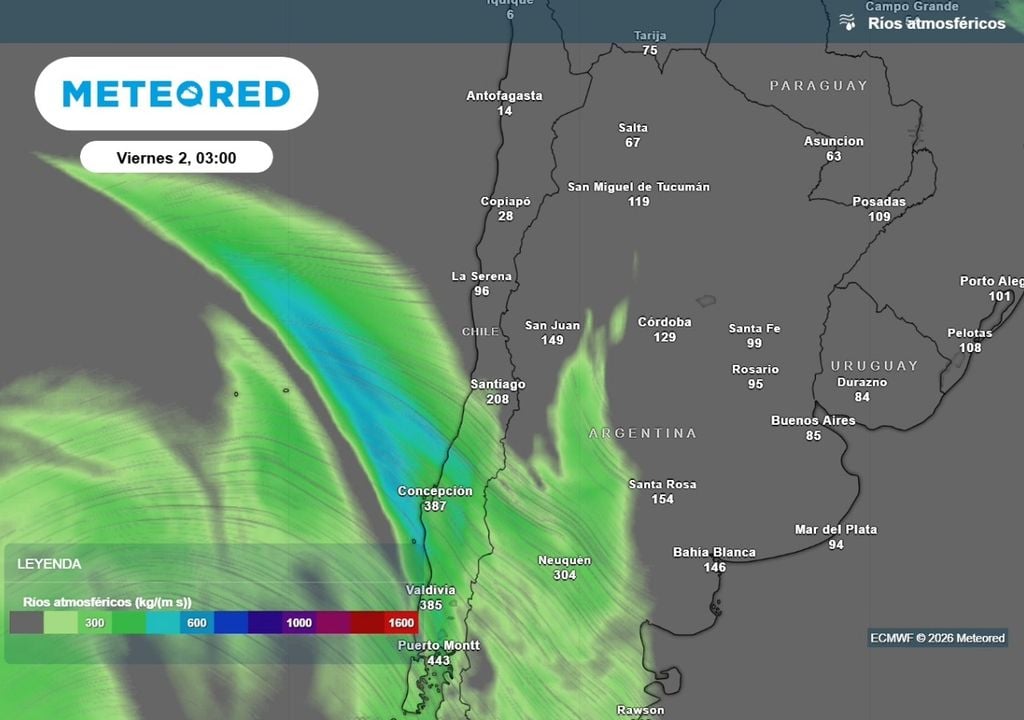 Río atmosférico Primeras lluvias de octubre llegan a Santiago potenciadas por un río atmosférico, según el ECMWF.