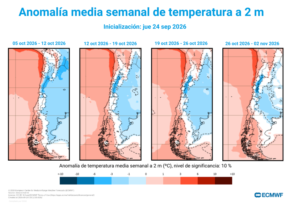 Con más vapor de agua en la atmósfera, el calor se siente más intenso. Las temperaturas durante octubre serán más altas que el promedio del mes. Apenas la cordillera del norte podría sentir los efectos de la cobertura nubosa y del aire que llegará desde el este.