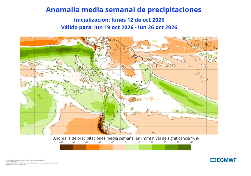 ECMWF Los mapas de anomalías semanales muestran nuevas precipitaciones sobre el promedio en Santiago y otras zonas del centro del país la próxima semana.