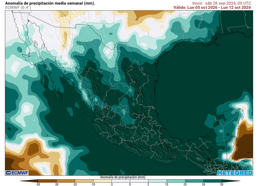 Anomalía de precipitaciones para la segunda semana de octubre La presencia de sistemas inestables ocasionará condiciones muy lluviosas en la primera quincena de octubre combinándose con masas polares; hasta 100 mm extra podrían caer.