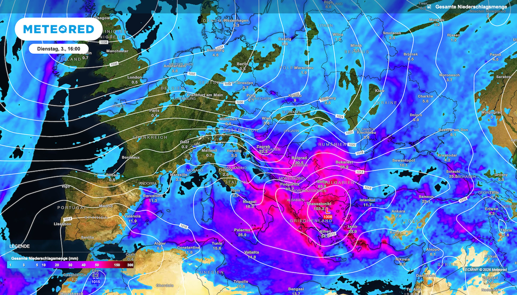 Über 100 Liter Regen pro Quadratmeter bis Dienstag bei Thessaloniki: ECMWF zeichnet ein bedrohliches Regensignal – örtlich könnten Straßen zu reißenden Wasserläufen werden!