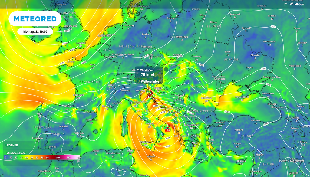 Jetzt dreht auch der Wind auf: ECMWF berechnet für Montagabend an der nördlichen Adria Böen um 75 km/h – das Mittelmeertief setzt die Küsten unter Druck!