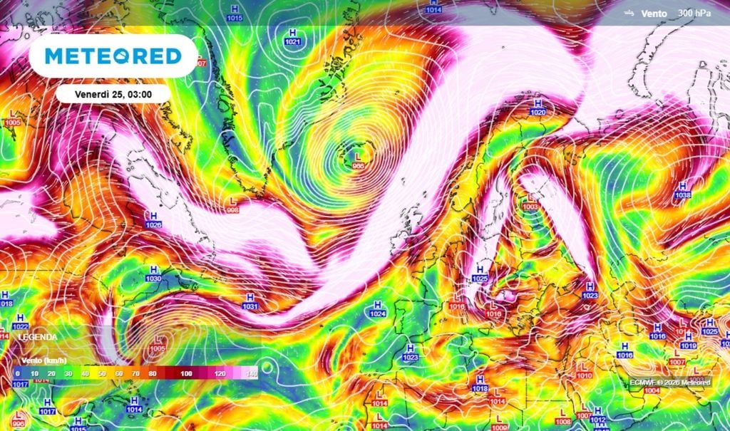L'immagine della simulazione modellistica in quota, mostra come il sistema perturbato venga spinto dalle correnti a getto verso nord, fino a latitudini artiche. ECMWF-MeteoRed